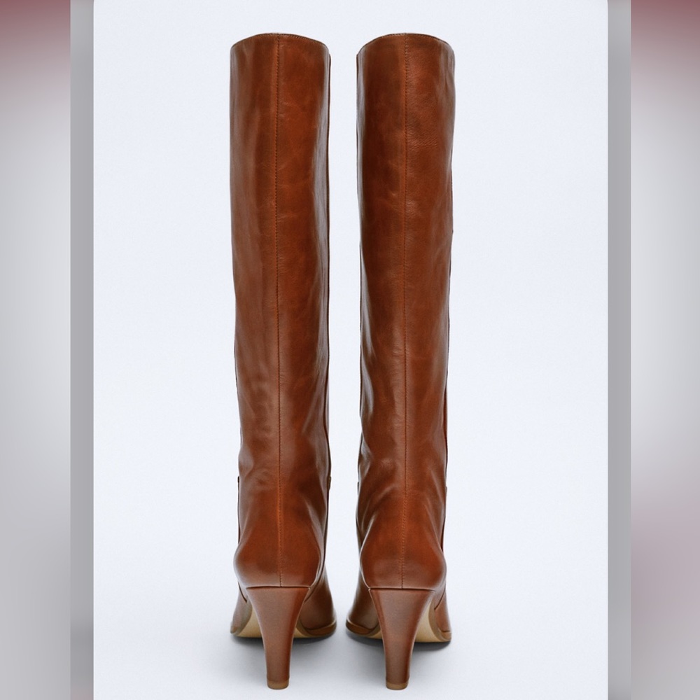 Zara Tall Heeled Leather Boots in Cognac Brown - Picture 11 of 13